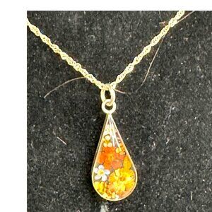 Sterling Silver Vintage Estate Dried Flower Resin Pendant Necklace Chain 20"